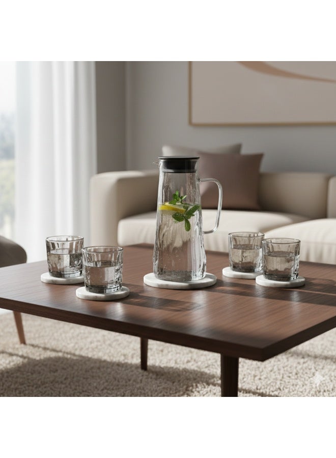 Luxury Glass Water Set with Modern Water Ripple Design – 5 Pieces – 1500ml High Borosilicate Heat-Resistant Glass Pitcher with 4 Thick Glass Cups 230ml – Leak-Proof Silicone & PP Lid – Minimalist Matte Elegant Style – Cold and Heat Resistant – Perfect for Water, Juice, Detox Drinks & Daily Home Use - Image 2